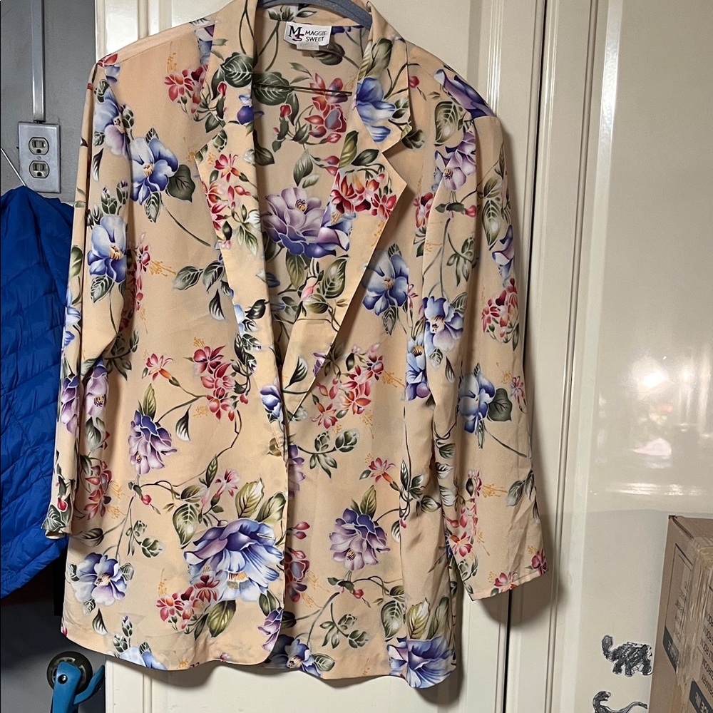 Maggie Barnes Beige Floral Blazer with Blue & Purple Blooms